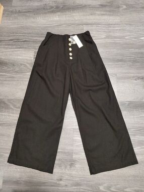 NWT Women's Blue Rain Black Linen Cotton Wide Leg Pants